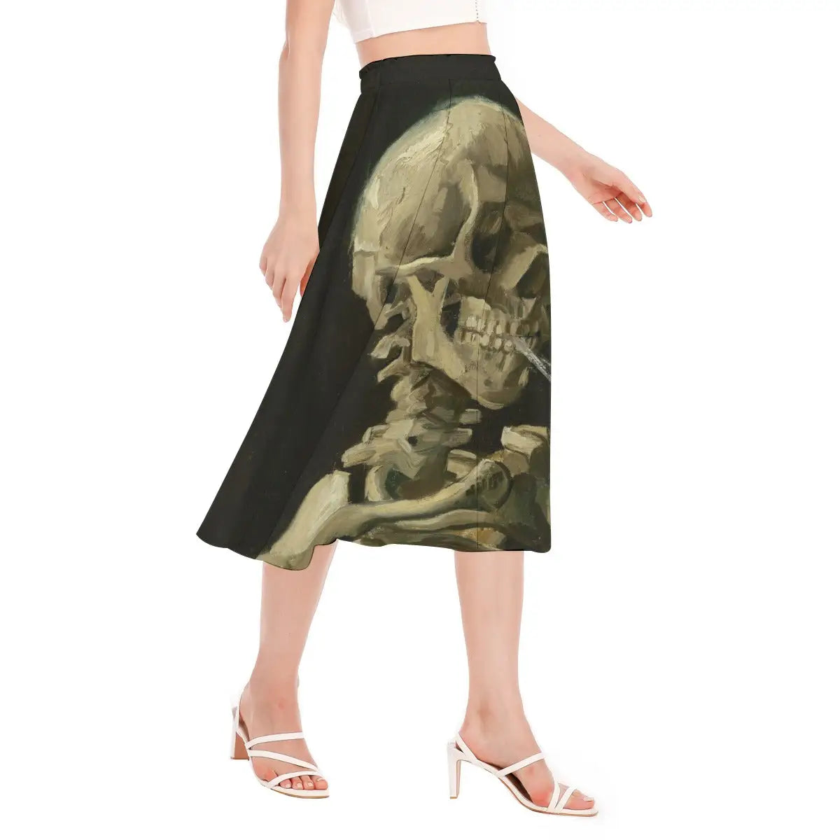 Close-up view of van Gogh's Skull of a Skeleton artwork printed on sustainable chiffon fabric showing the detailed rendering of the skeletal figure and the wisp of cigarette smoke.