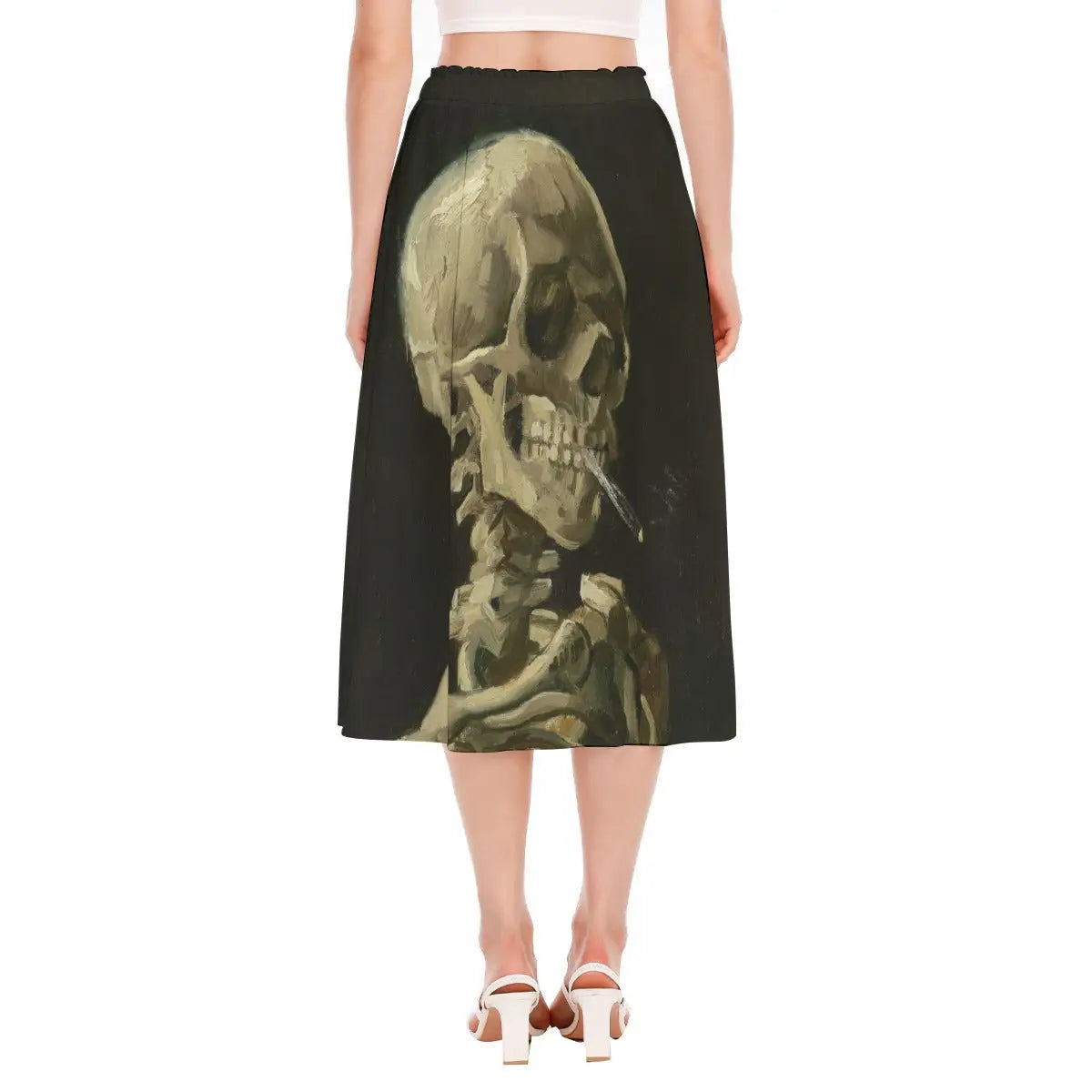 The Skull of a Skeleton skirt fabric movement captured mid-twirl showing how the recycled polyester chiffon flows while displaying the darkly humorous anatomical study with its surprising cigarette detail.