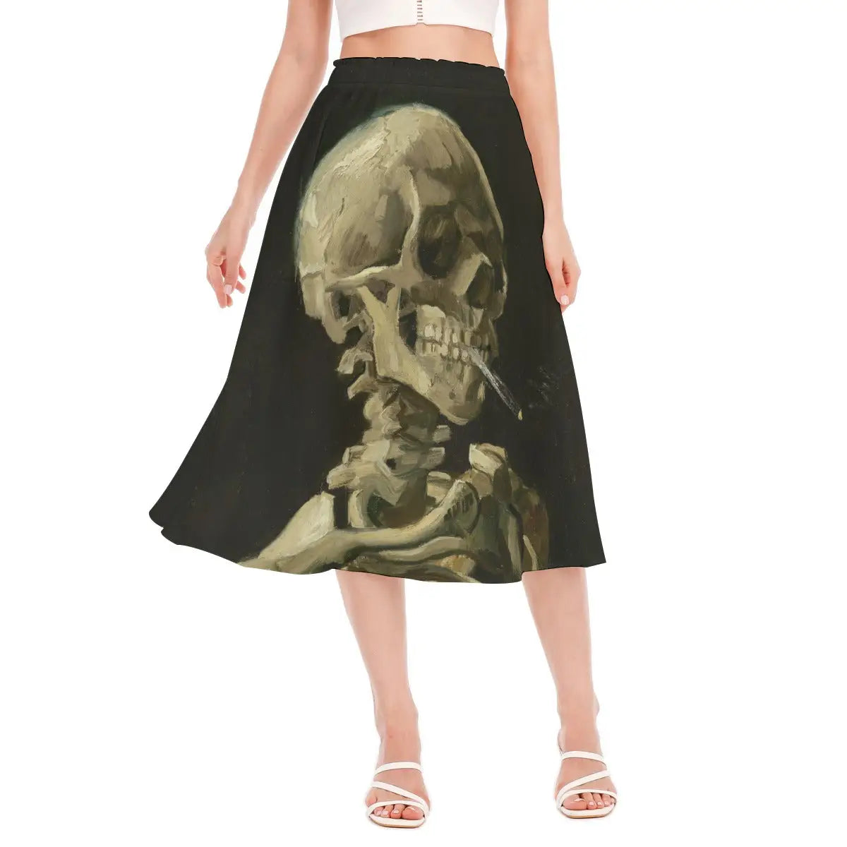 Woman wearing Skull of a Skeleton with Burning Cigarette by van Gogh recycled polyester chiffon skirt with the darkly humorous figure clearly visible against natural light.