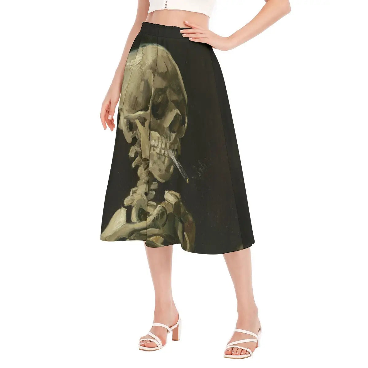 Full-length photo of flowing eco-friendly skirt featuring van Gogh's macabre early work paired with a simple black top that complements the sepia tones of the painting.