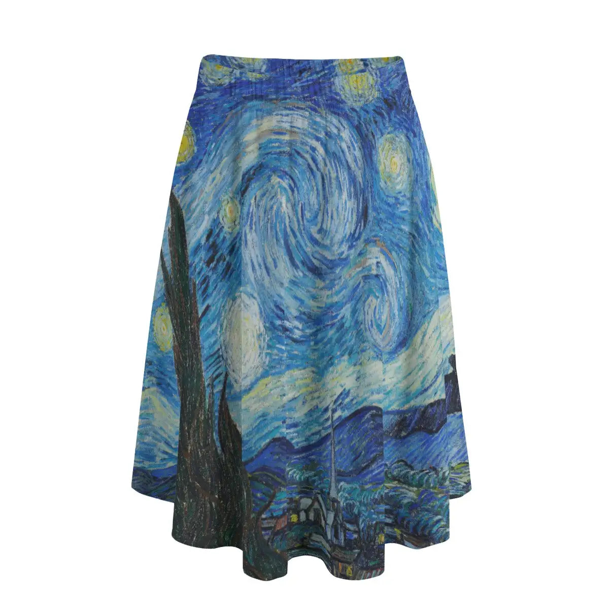 Woman wearing Vincent van Gogh's Starry Night long maxi skirt showing swirling celestial pattern against simple black top