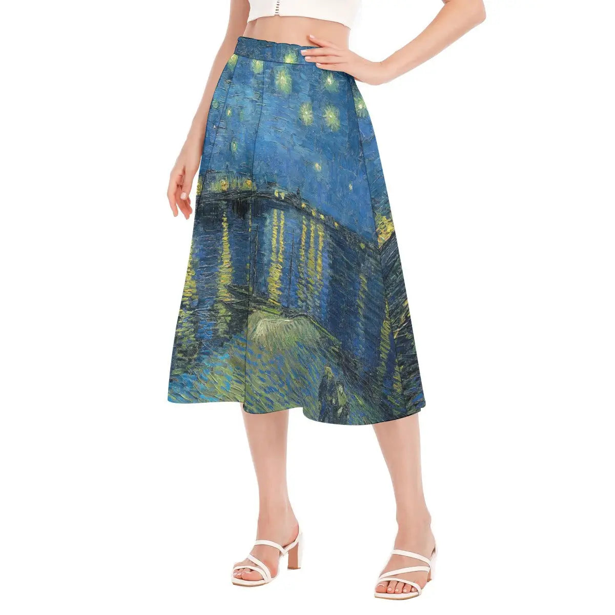 Detail shot of comfortable elastic waistband on Starry Night Over the Rhone skirt made from recycled polyester, showing the quality construction and smooth transition to the printed fabric.