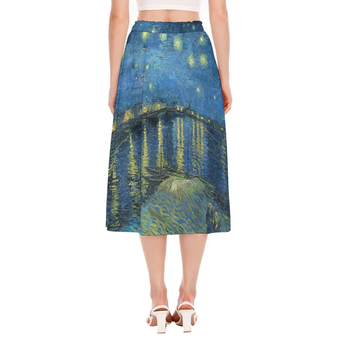 Back view of eco-conscious artistic skirt featuring van Gogh's beloved starlit painting showing how the design wraps around the garment creating a continuous nocturnal river landscape.