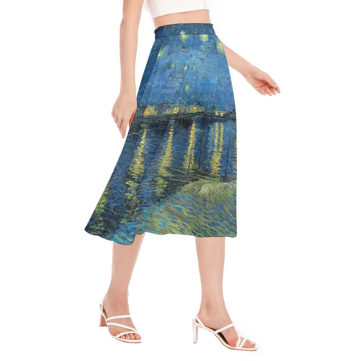 Close-up view of van Gogh's Starry Night Over the Rhone artwork printed on sustainable chiffon fabric showing the distinctive brushstrokes and luminous reflections of stars on water.