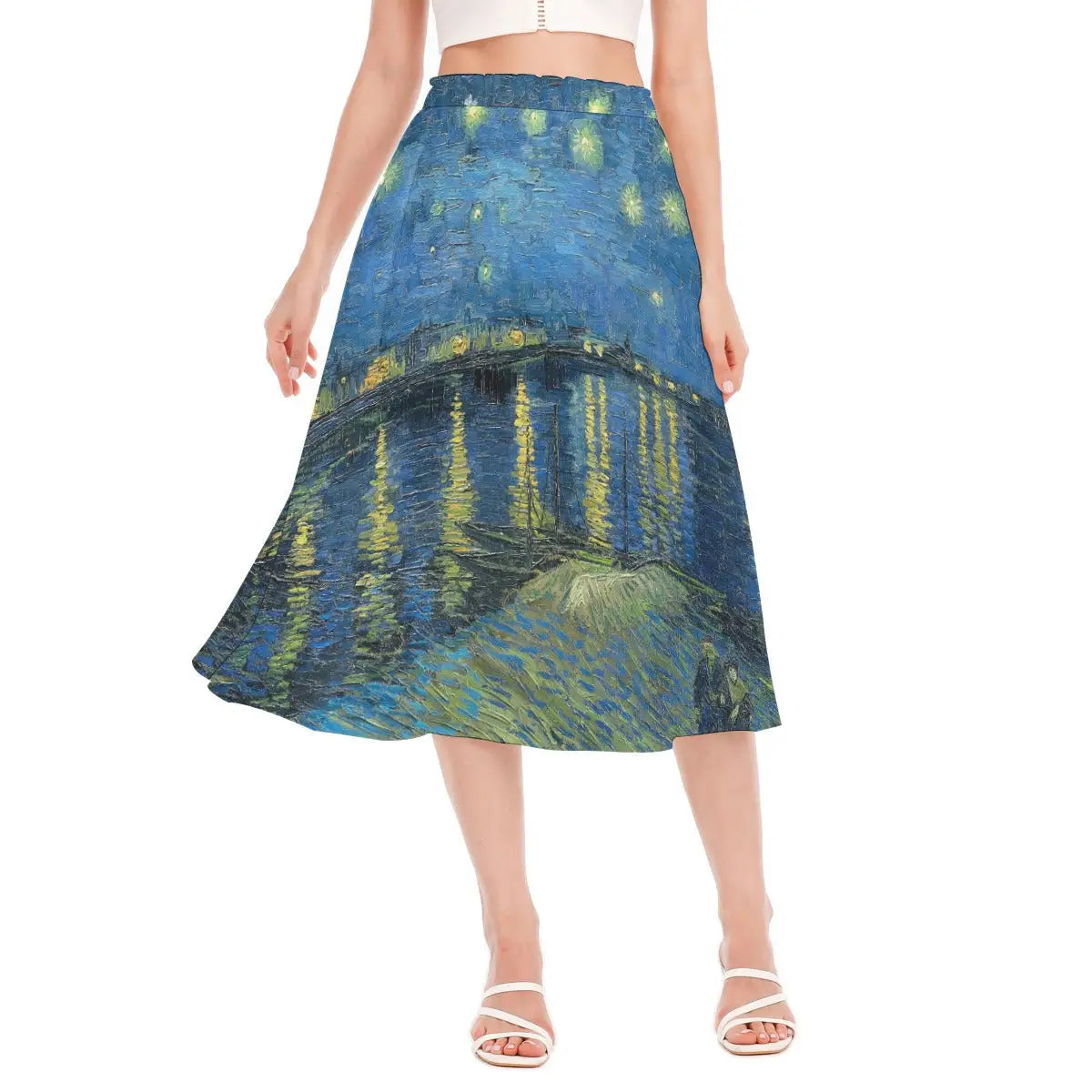 Woman wearing Starry Night Over the Rhone by van Gogh recycled polyester chiffon skirt with the brilliant star reflections clearly visible against natural light.
