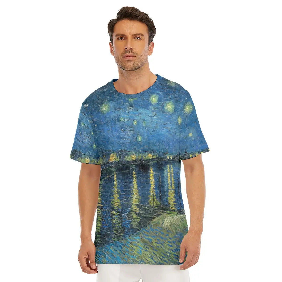 Cotton T-shirt featuring Van Gogh's Starry Night Over the Rhone, highlighting the classic round neckline and how the shimmering celestial scene flows across the garment