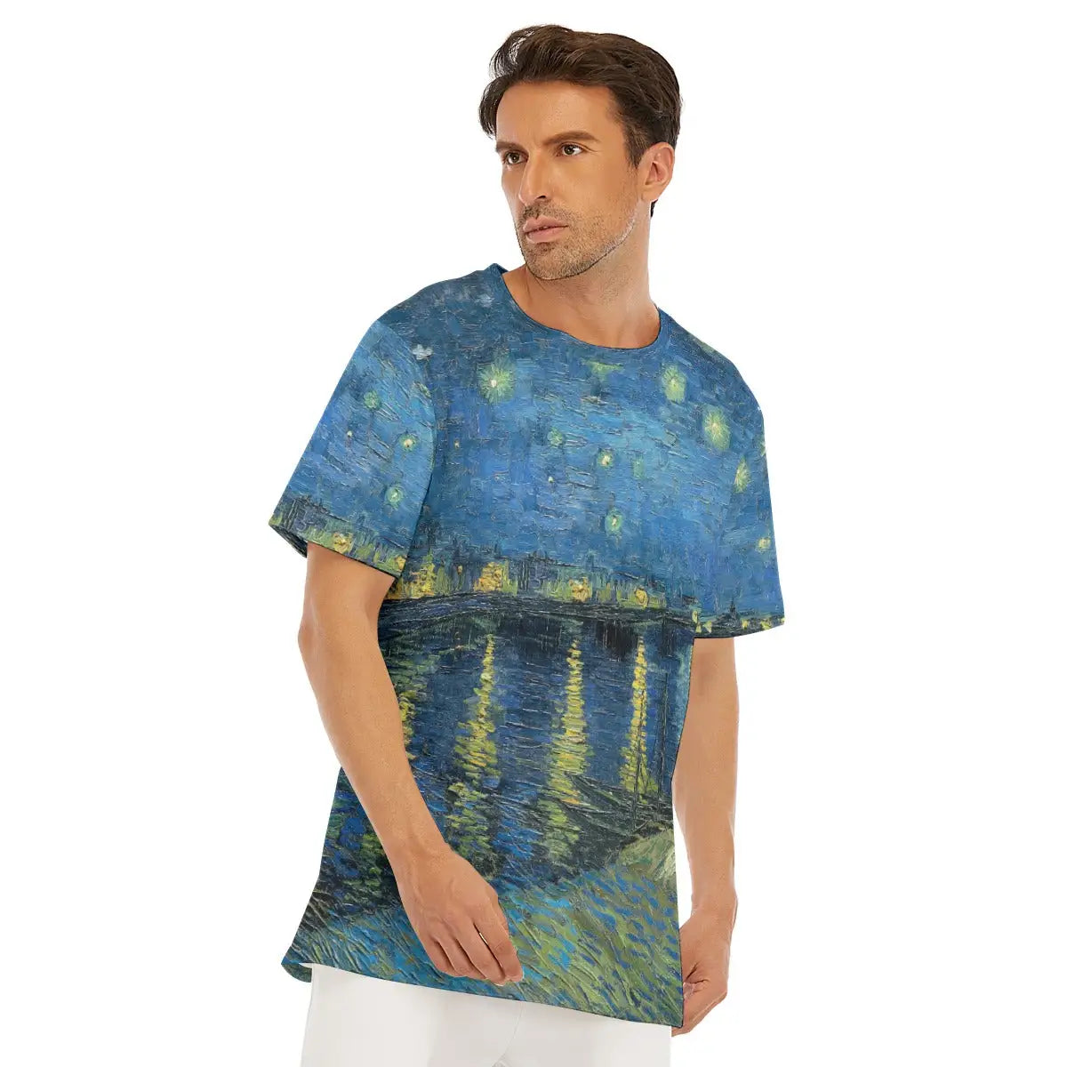 Detail of round neckline and shoulder on the Starry Night Over the Rhone T-shirt, highlighting how Van Gogh's distinctive contrast between deep blues and brilliant yellows flows naturally across different parts of the premium cotton material