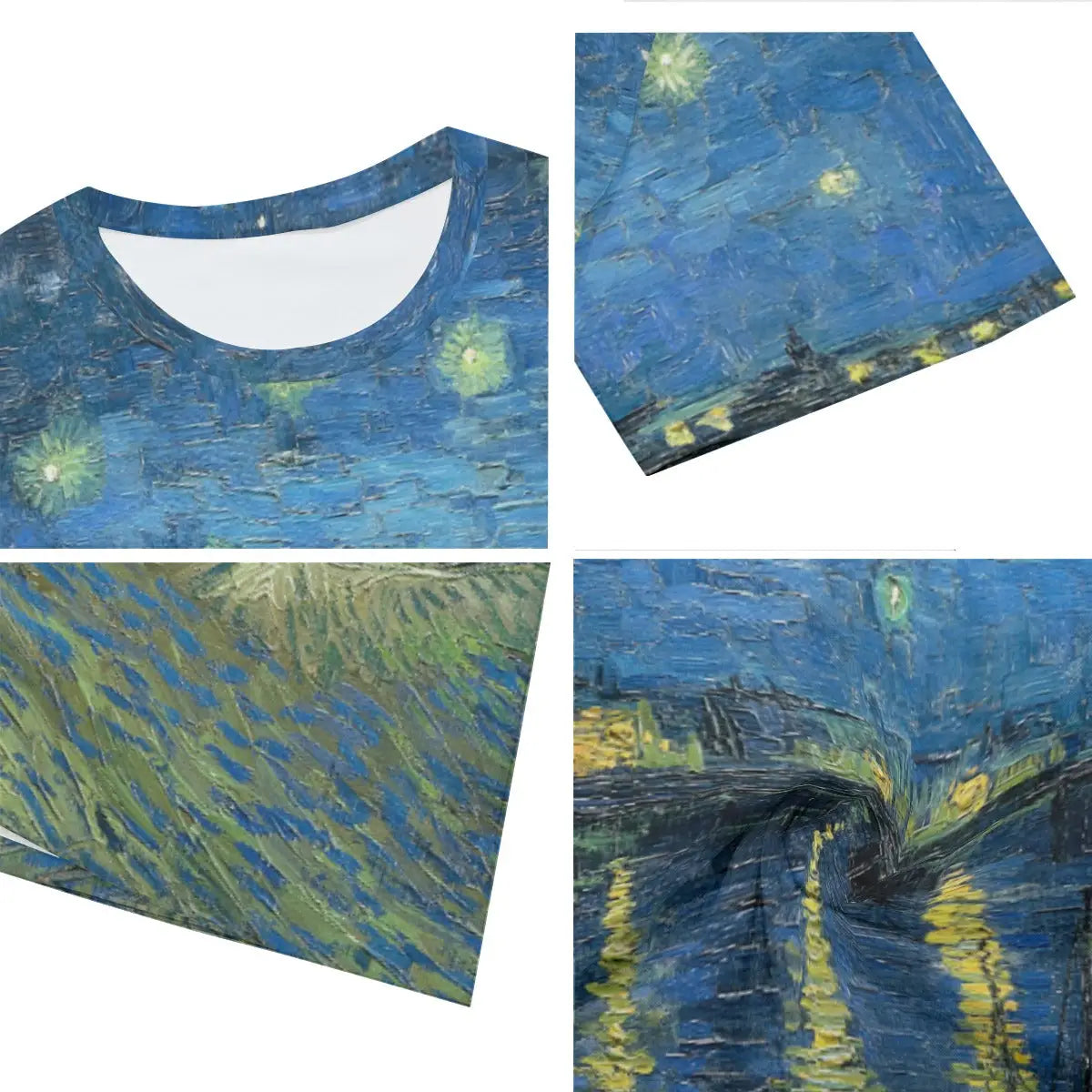 Close-up detail of high-quality printing on 100% cotton T-shirt, showcasing Van Gogh's bold impasto brushstrokes that create the vibrant stars and their elongated reflections on the Rhône River's surface