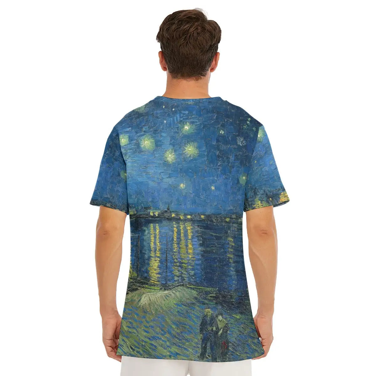 Male model wearing the Starry Night Over the Rhone Van Gogh All-Over Print T-shirt showcasing the mesmerizing contrast between deep blue night sky and brilliant yellow stars reflecting in the water