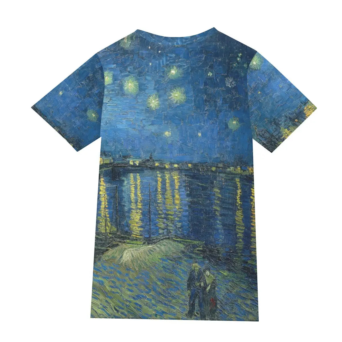Back view of 190GSM cotton T-shirt showing the continuation of Van Gogh's luminous night scene, demonstrating the seamless 360-degree print quality that captures the full poetry of the 1888 masterpiece from Arles
