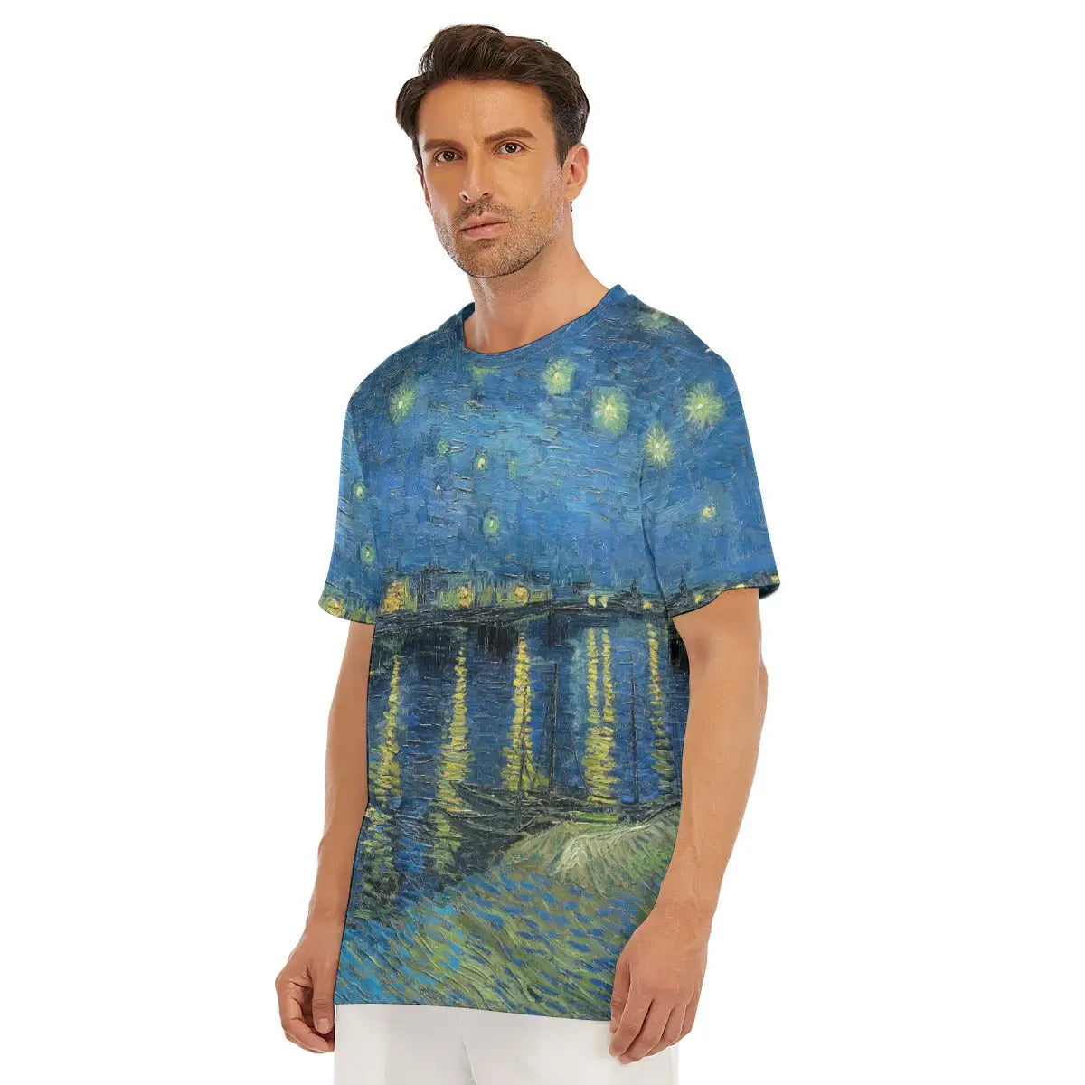 Van Gogh nocturnal T-shirt laid flat, displaying the entire Post-Impressionist artwork, premium craftsmanship, and natural texture of the 100% cotton fabric that enhances the celestial quality of the reproduced painting