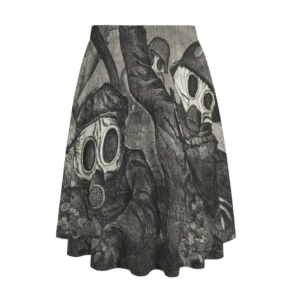Back view of German Expressionist-inspired maxi skirt showing how the wartime imagery wraps thoughtfully around the garment