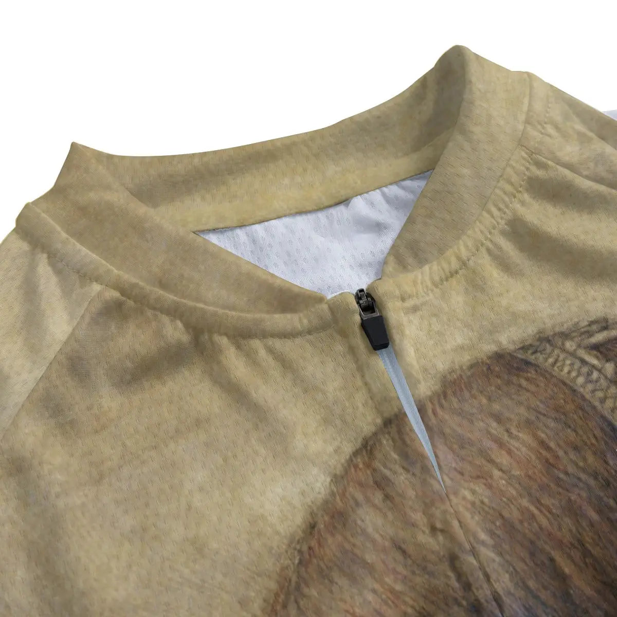 Detailed view of Leonardo's delicate chalk portrait of young Milanese noblewoman reproduced on women's cycling jersey