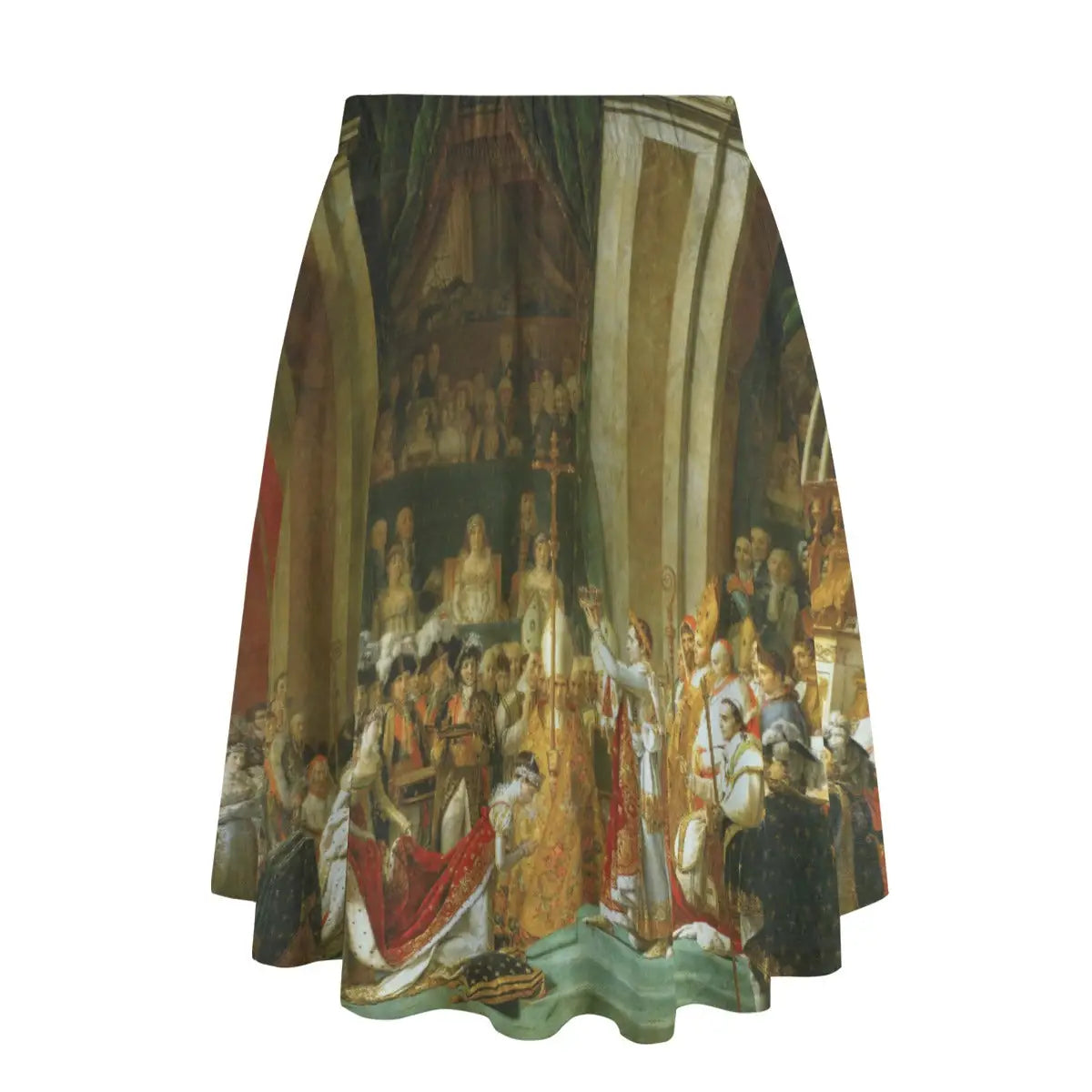 Back view of Neoclassical-inspired maxi skirt showing how the imperial scene wraps completely around the garment