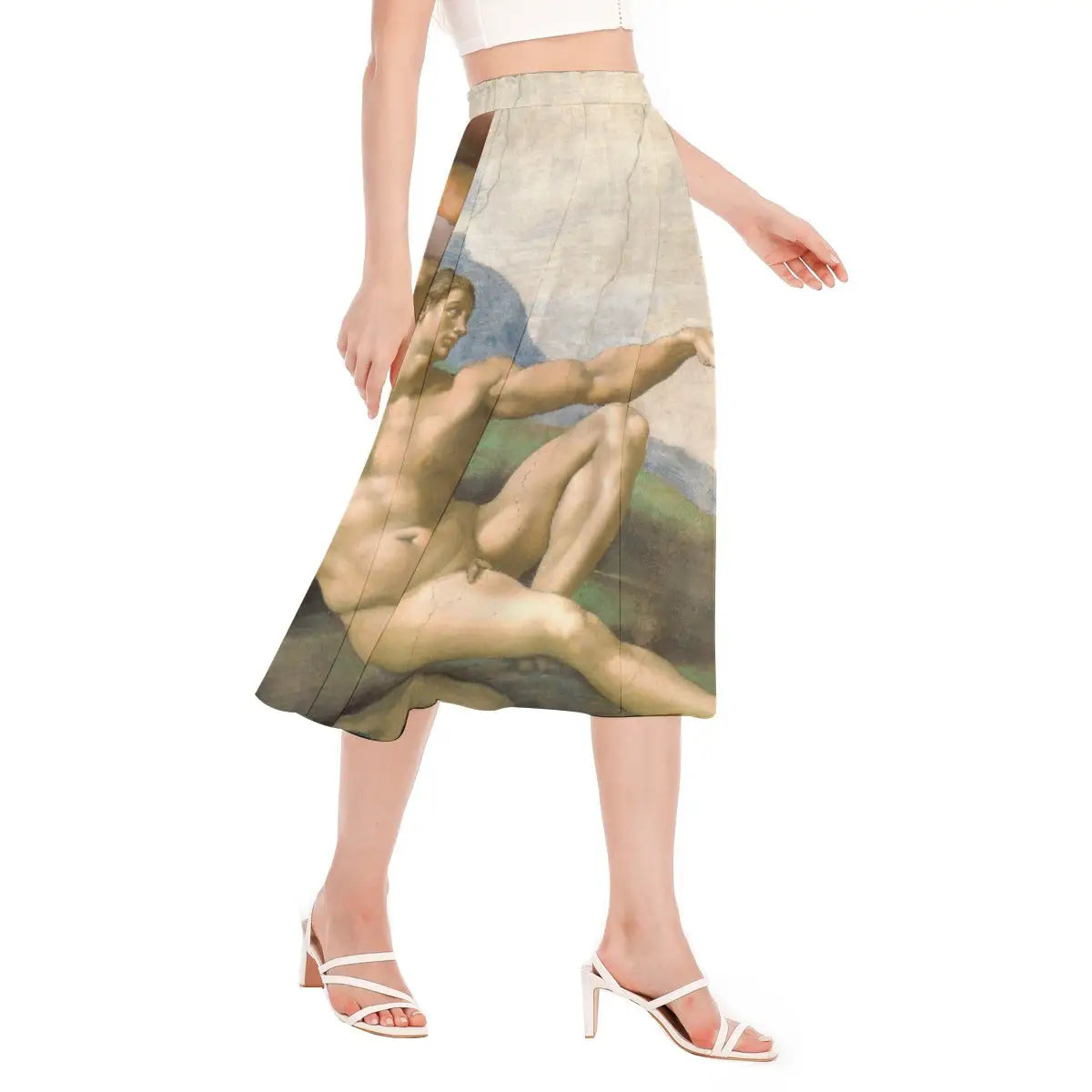 Close-up view of Michelangelo's Creation of Adam artwork printed on sustainable chiffon fabric showing the detailed rendering of God's and Adam's hands nearly touching.