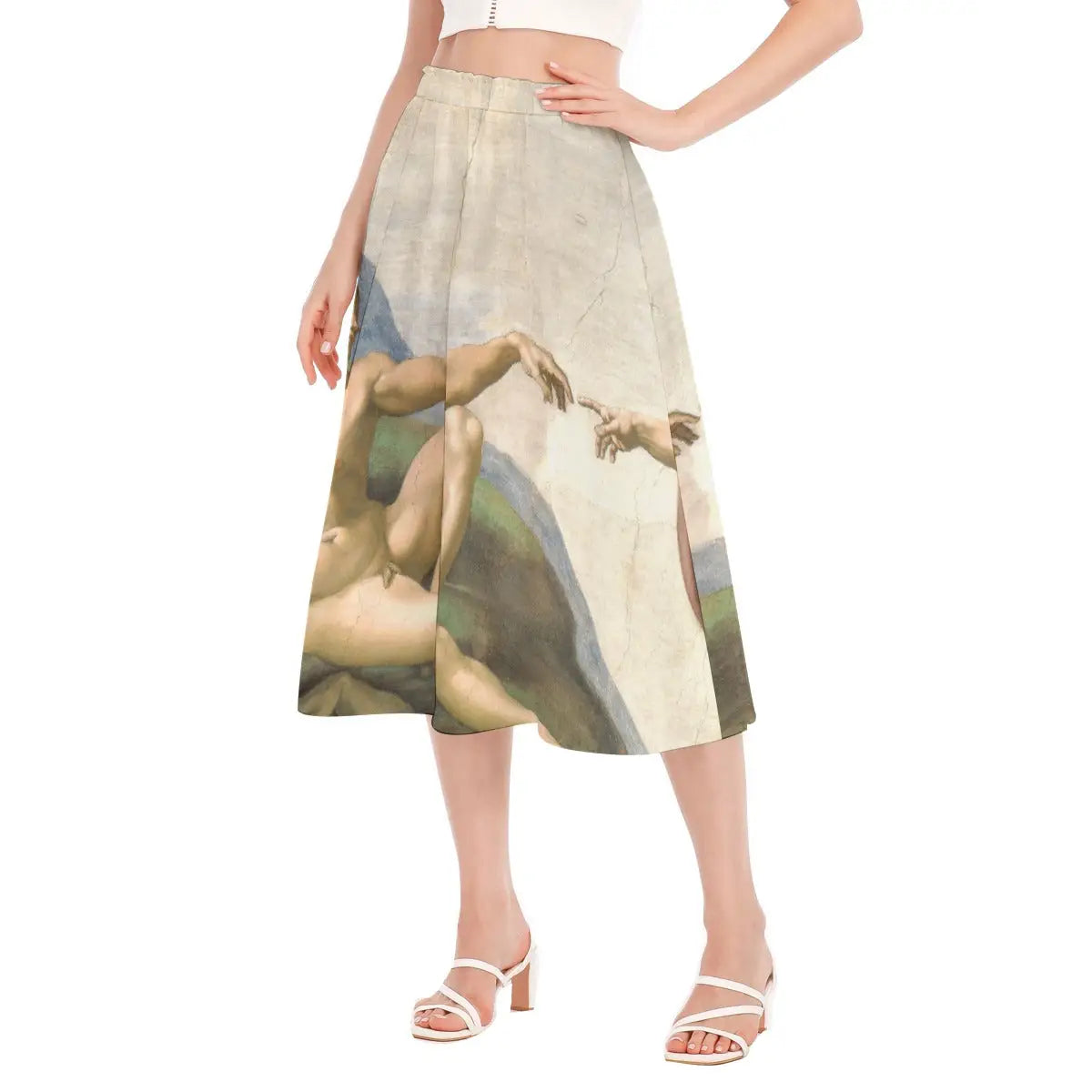 Full-length photo of flowing eco-friendly skirt featuring Michelangelo's Renaissance masterpiece paired with a simple blue top that complements the celestial background of the fresco.