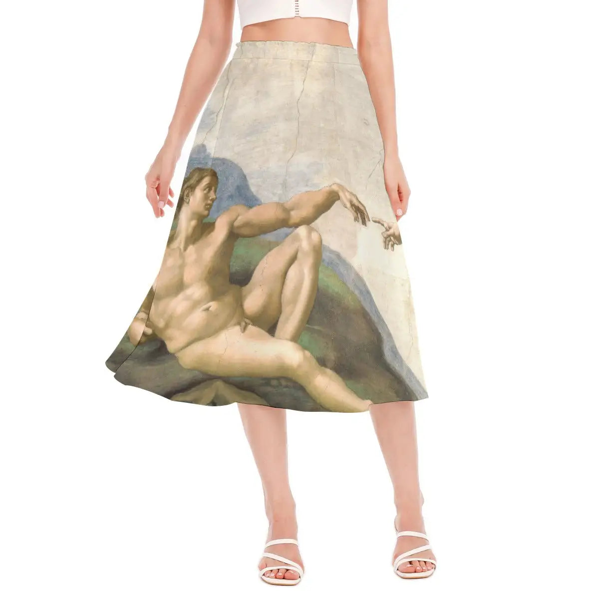Woman wearing The Creation of Adam by Michelangelo recycled polyester chiffon skirt with the iconic reaching figures clearly visible against natural light.