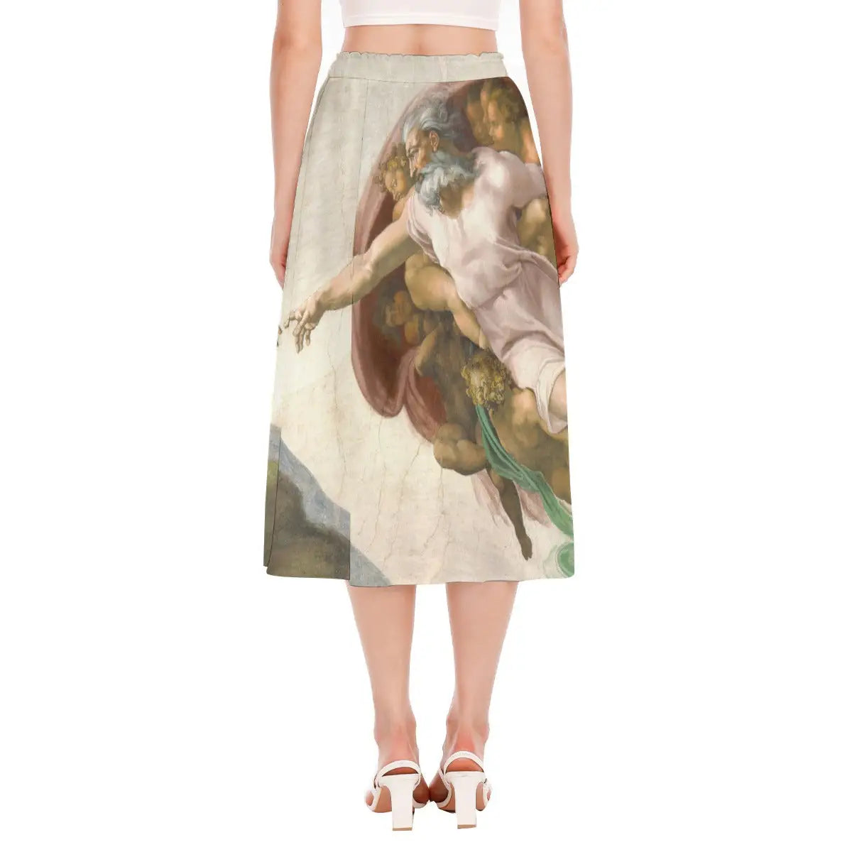 Side view of sustainable art skirt with Michelangelo's divine creation scene in motion, demonstrating how the recycled fabric creates flowing movement that enhances the dynamic composition.