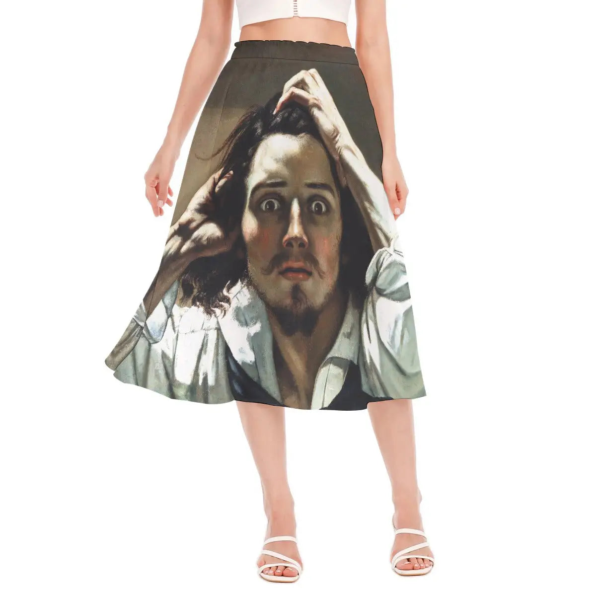 The Desperate Man by Gustave Courbet Chiffon Skirt front view showing the intense self-portrait with wild eyes and hands in hair