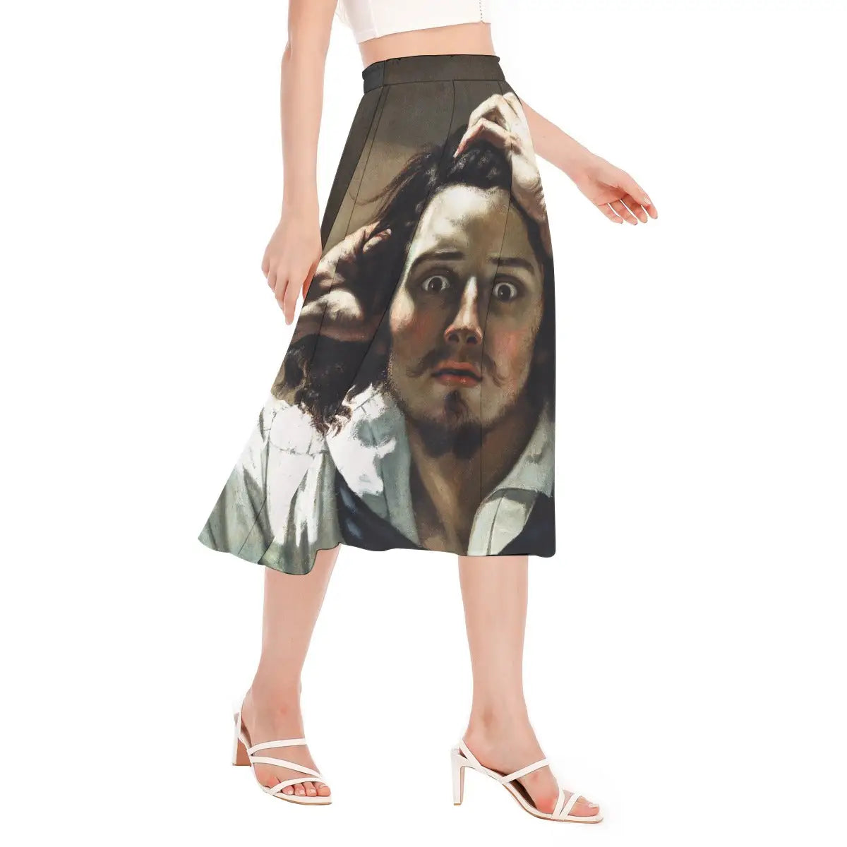 Woman wearing Gustave Courbet Desperate Man Chiffon Skirt with black turtleneck in art gallery setting