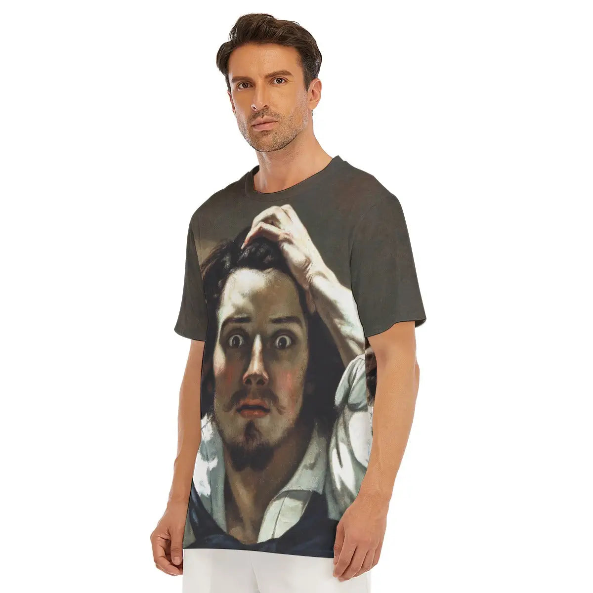 Gustave Courbet T-shirt laid flat, displaying the entire Realist masterpiece, premium craftsmanship, and natural texture of the 100% cotton fabric that enhances the authentic quality of the reproduced self-portrait