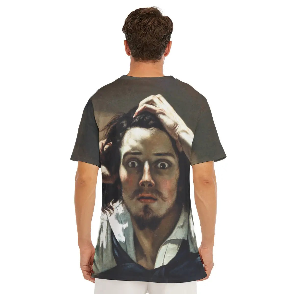 T-shirt featuring Courbet's electrifying Desperate Man self-portrait, highlighting the classic round neckline and how the psychological intensity of the image creates a powerful contemporary fashion statement