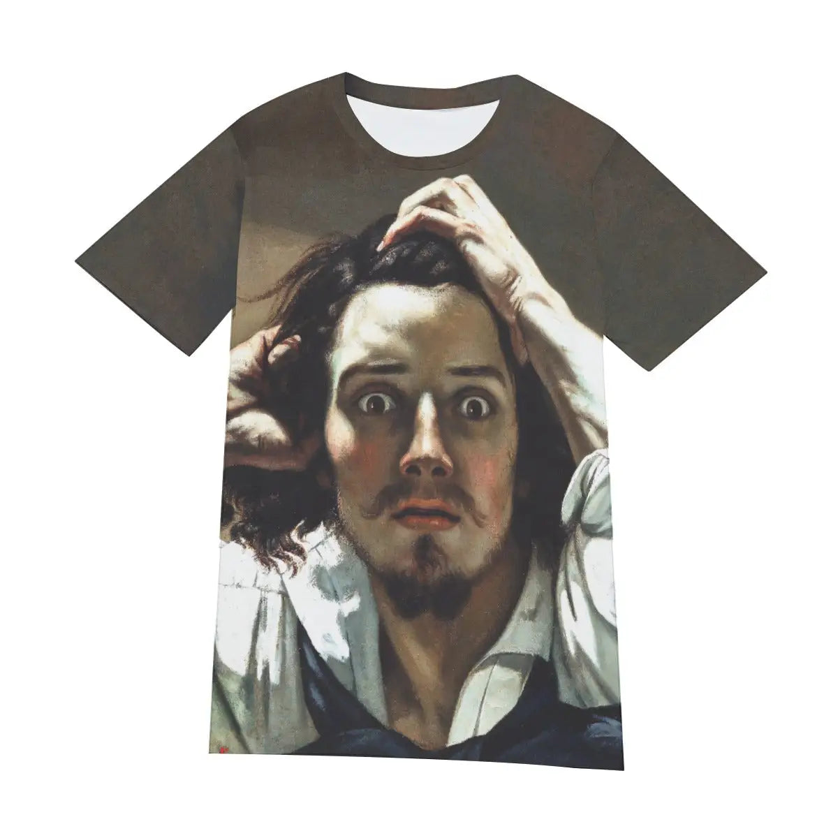 Front view of unisex Realist art T-shirt displaying the complete composition of Courbet's Desperate Man, with its extreme close-up format and direct confrontational gaze creating a bold statement about artistic authenticity and emotional honesty