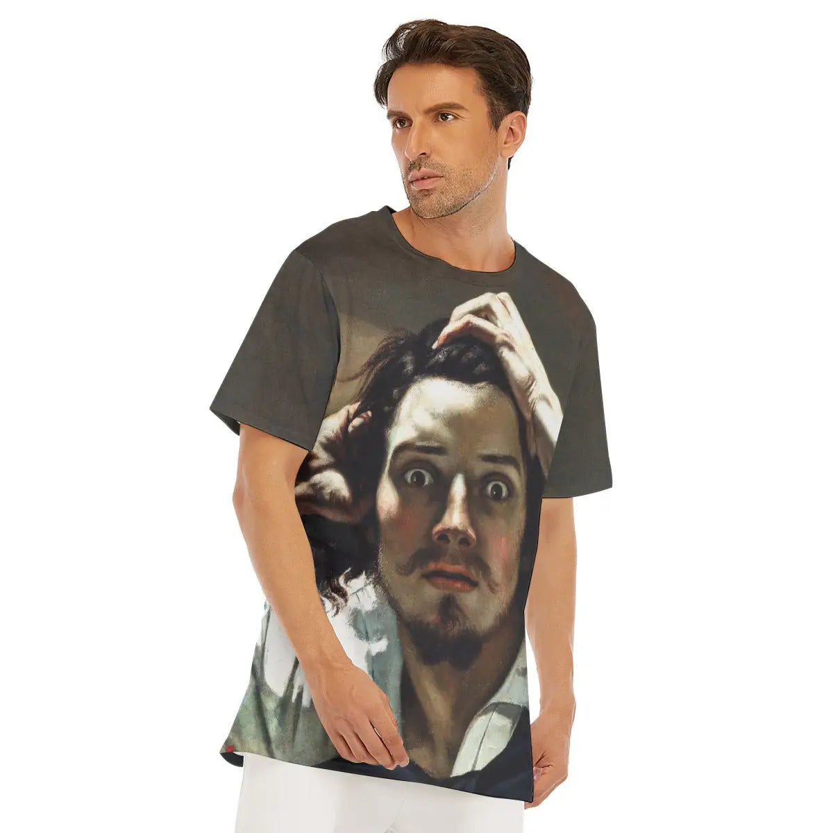 Detail of round neckline and shoulder on The Desperate Man T-shirt, highlighting how Courbet's distinctive realistic technique and dramatic lighting flow naturally across different parts of the premium cotton material