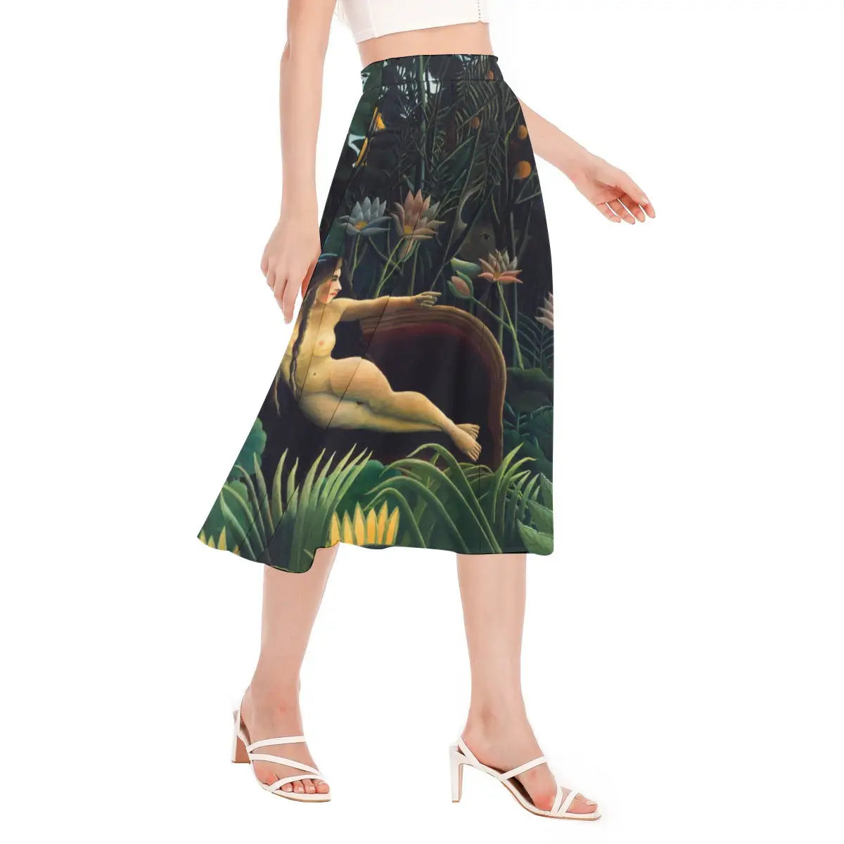 Side view of Rousseau Chiffon Skirt in motion showing flow and movement of fabric enhancing the dreamlike jungle setting