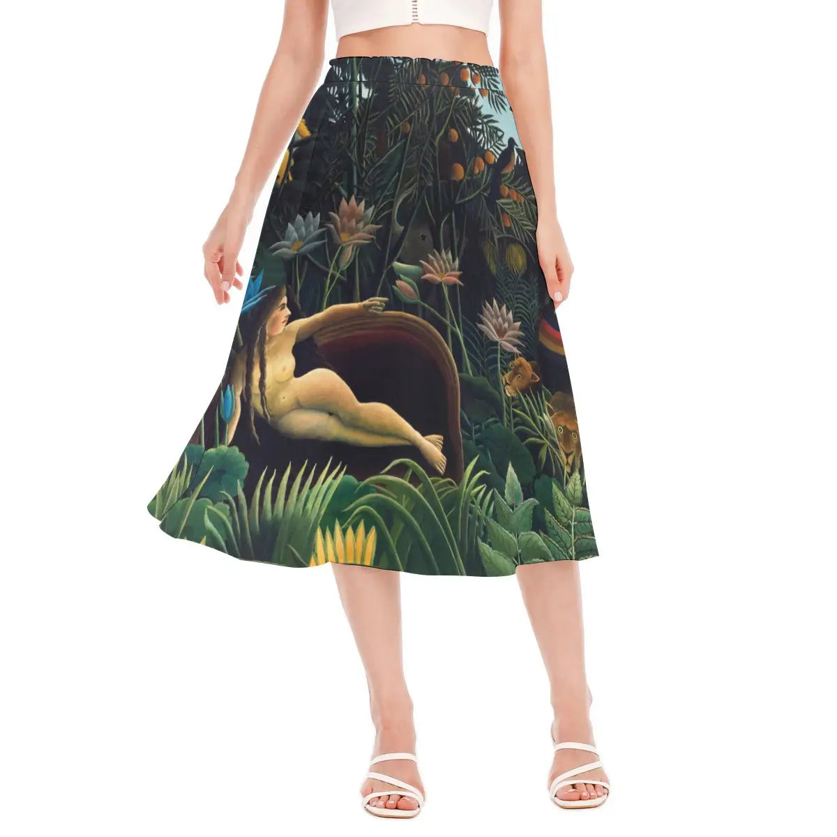 The Dream by Henri Rousseau Chiffon Skirt front view showing the lush jungle scene with reclining woman, lions, and exotic vegetation