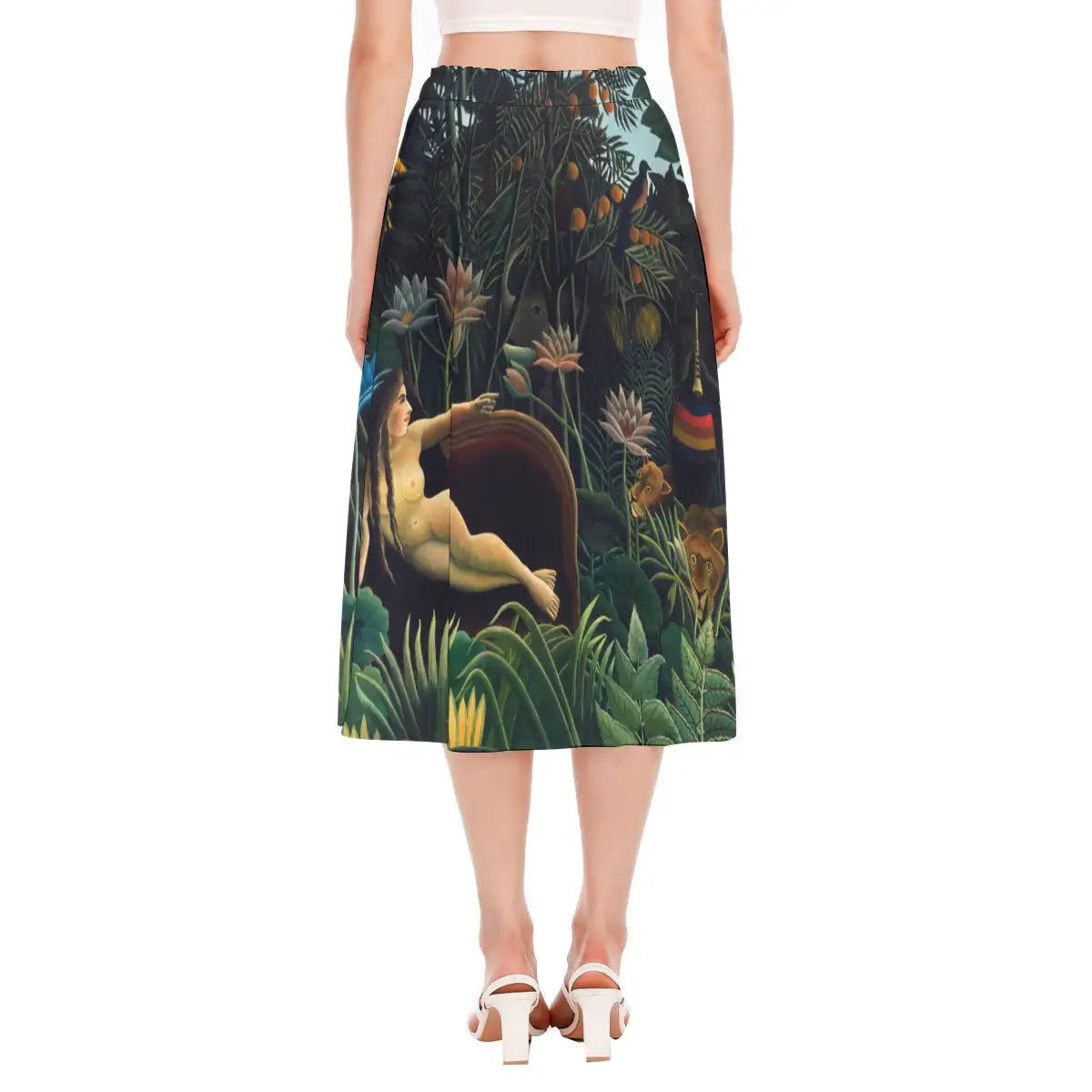 Back view of Henri Rousseau Skirt displaying continuous wrap-around pattern that captures the entire fantastical scene