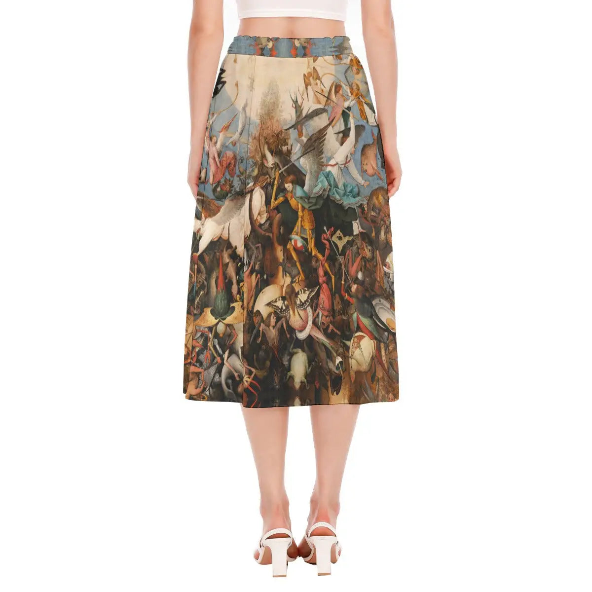 Detail shot of comfortable elastic waistband on The Fall of the Rebel Angels skirt made from recycled polyester, showing the quality construction and smooth transition to the printed fabric.