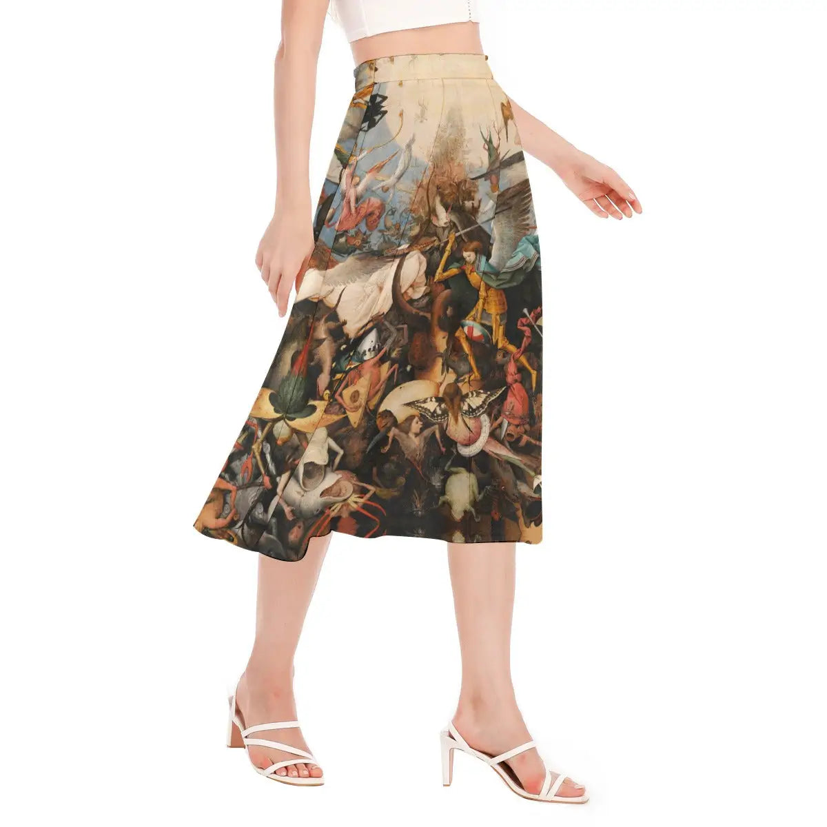 Close-up view of Bruegel's Fall of the Rebel Angels artwork printed on sustainable chiffon fabric showing the detailed rendering of bizarre hybrid creatures combining human, animal, and mechanical elements.