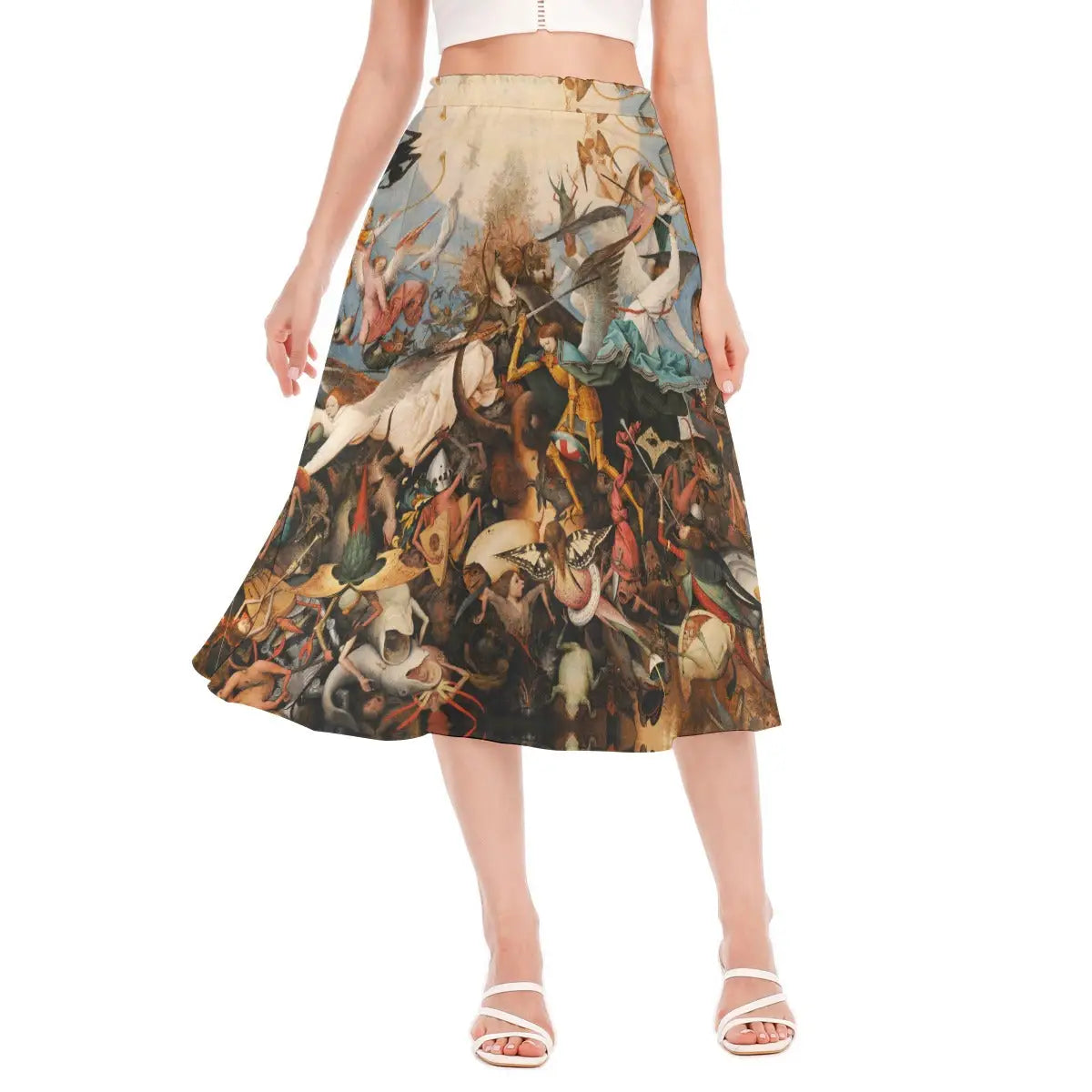 Woman wearing The Fall of the Rebel Angels by Pieter Bruegel recycled polyester chiffon skirt with the fantastical creatures and Archangel Michael clearly visible against natural light.