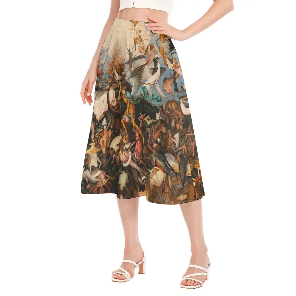 Full-length photo of flowing eco-friendly skirt featuring Bruegel's Northern Renaissance masterpiece paired with a deep blue top that complements the celestial battle depicted in the painting.