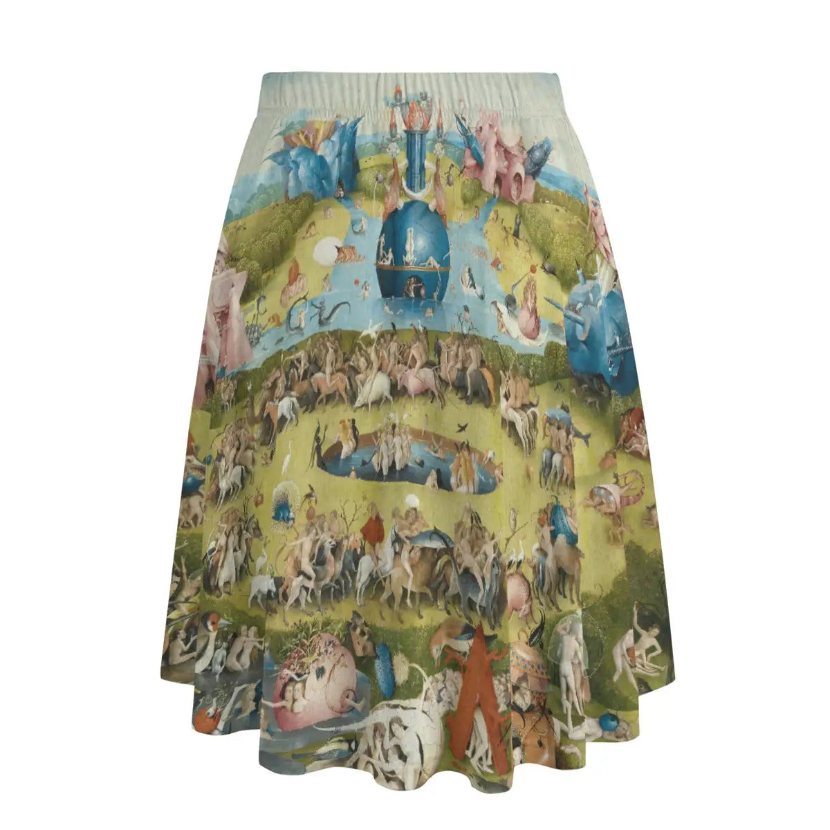 Back view of medieval fantasy-inspired maxi skirt showing how the hellish right panel wraps ominously around the garment