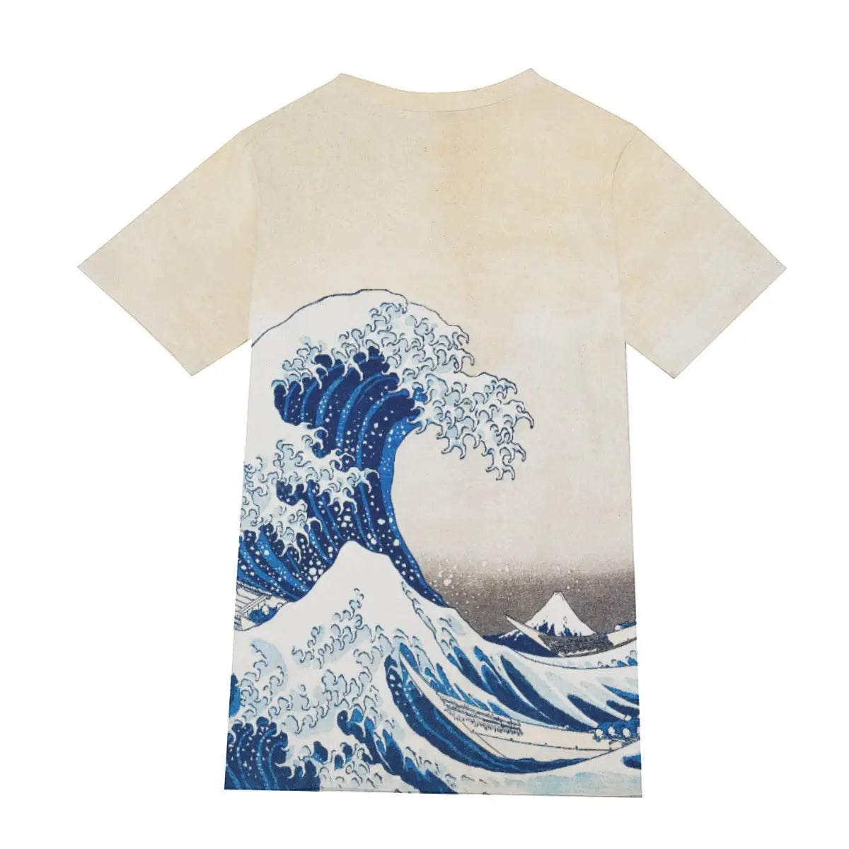 Back view of 190GSM cotton T-shirt showing the continuation of Hokusai's dynamic wave composition, demonstrating the seamless 360-degree print quality that captures the full energy of the legendary woodblock print