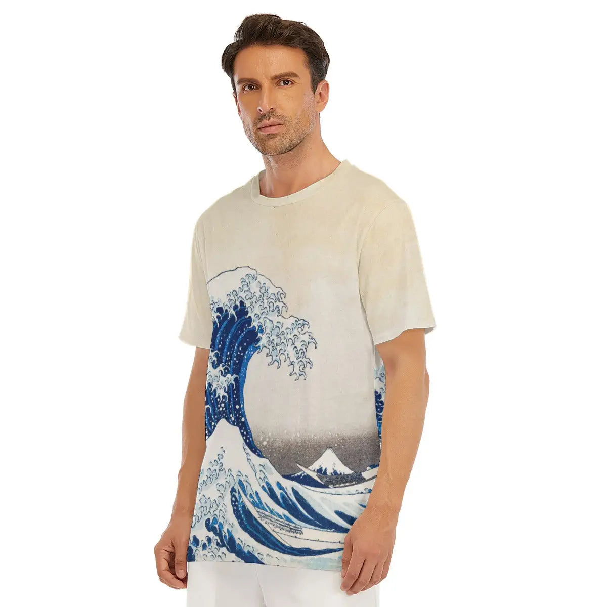 Close-up shot of the sleeve featuring detailed sections of the wave's claw-like foam and small fishing boats, showcasing Hokusai's perfect balance of natural power and artistic refinement on comfortable breathable material