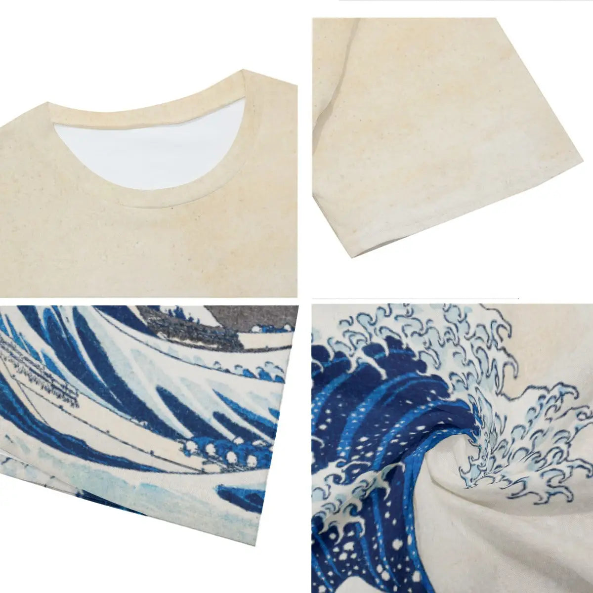 Close-up detail of high-quality printing on 100% cotton Great Wave T-shirt, showcasing the intricate white foam crests, delicate line work, and subtle blue gradations that demonstrate Hokusai's ukiyo-e mastery