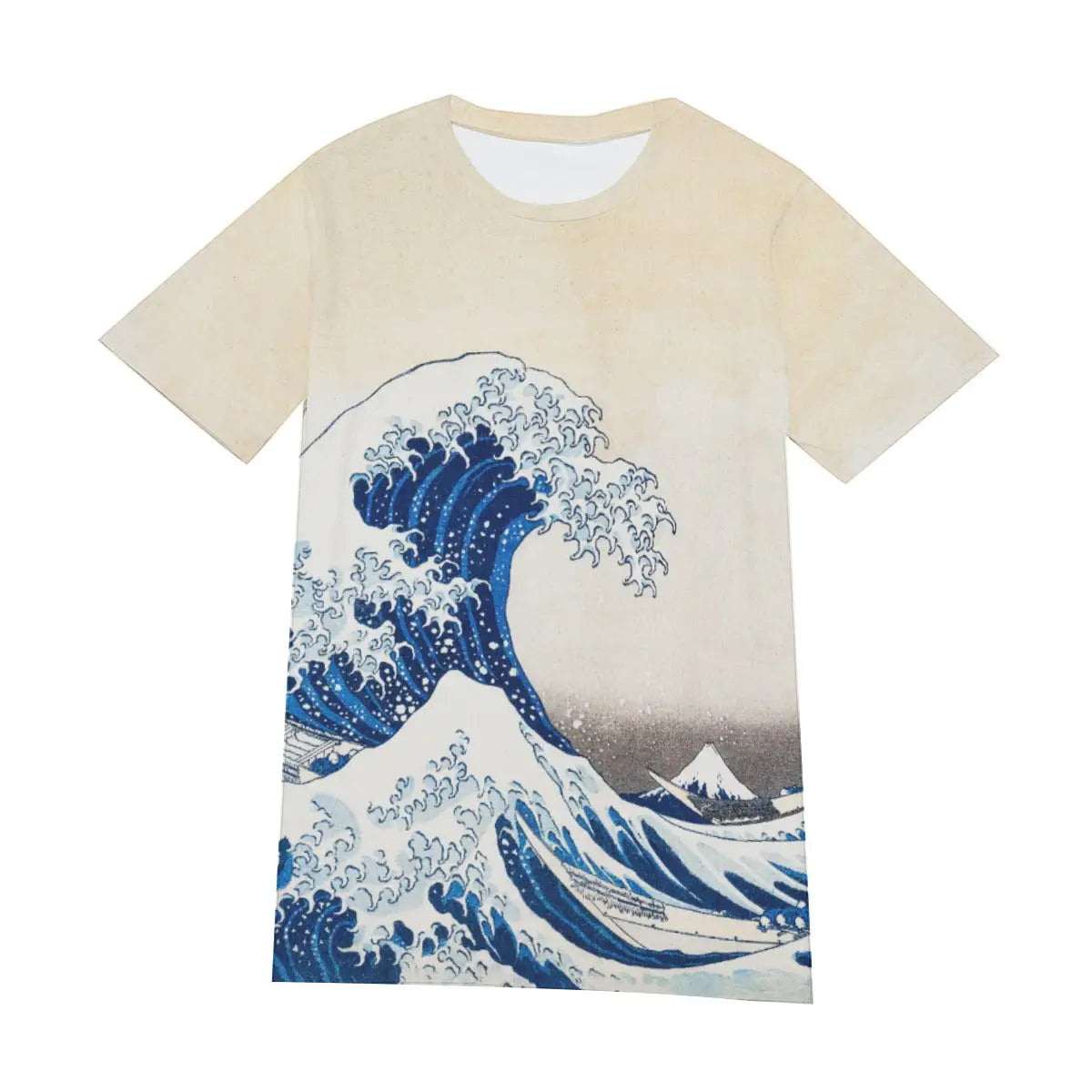 Front view of unisex Japanese art T-shirt displaying the complete composition of Hokusai's Great Wave off Kanagawa, with its perfect balance of drama and elegance creating a powerful visual statement