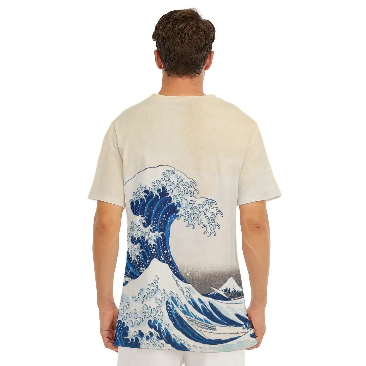 Hokusai Great Wave T-shirt laid flat, displaying the entire Japanese artwork, premium craftsmanship, and natural texture of the 100% cotton fabric that enhances the oceanic feel of the reproduced woodblock print