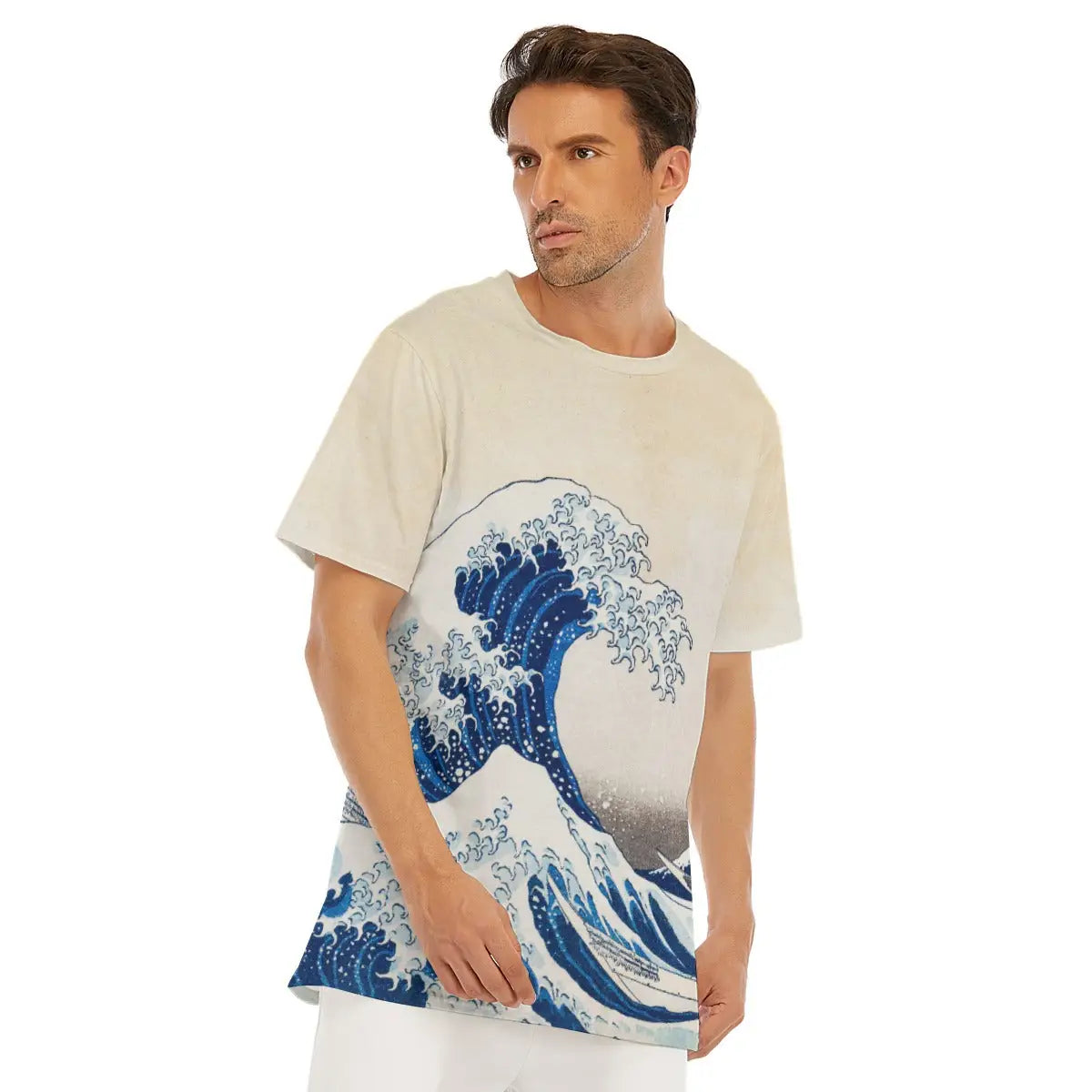 Model wearing The Great Wave off Kanagawa T-shirt near water, creating a dialogue between the artwork and natural environment while highlighting the breathability and fluid drape of the natural cotton garment that embodies Japanese aesthetic principles.
RetryClaude can make mistakes. Please double-check responses