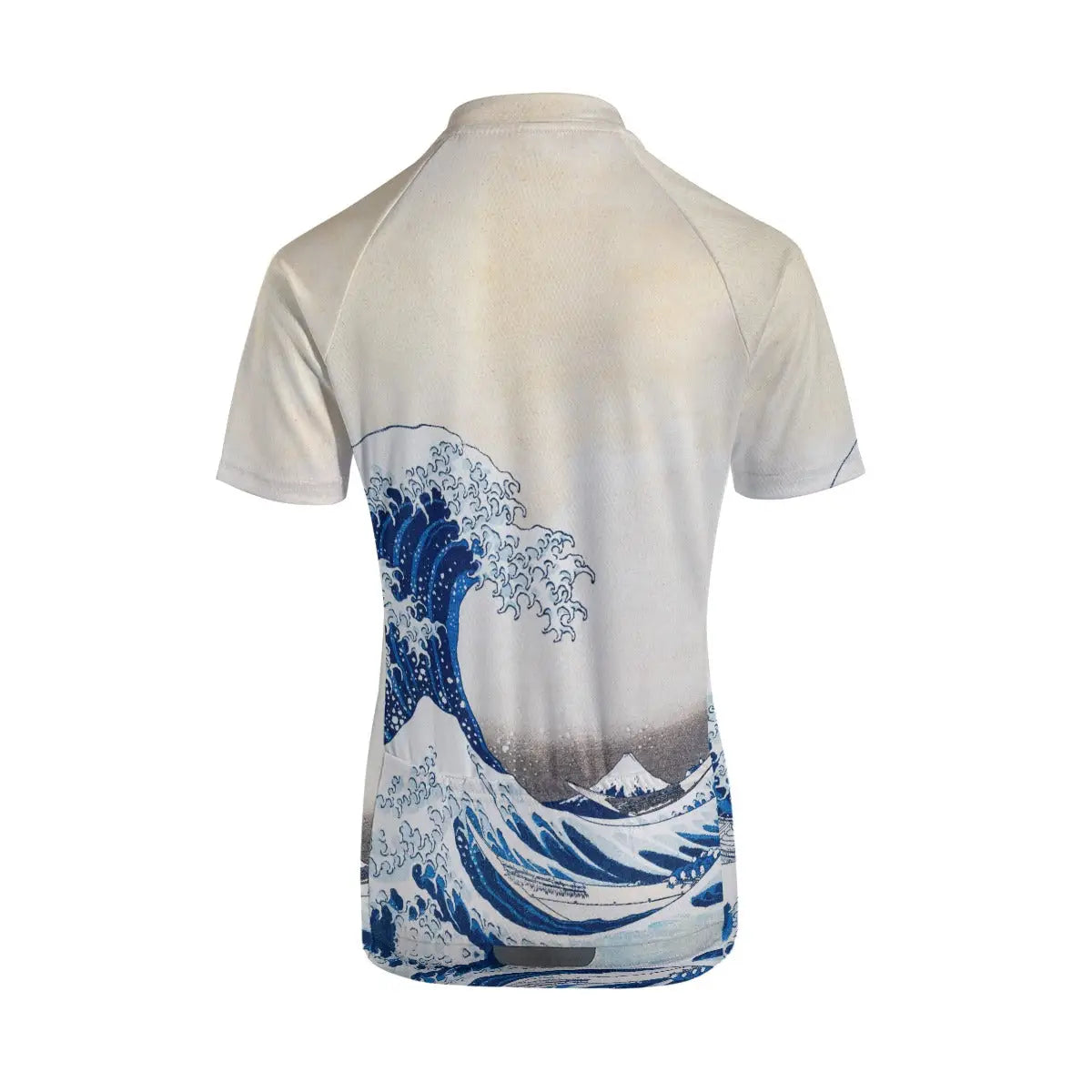 Detailed view of Hokusai's iconic Great Wave woodblock print reproduced on women's cycling jersey