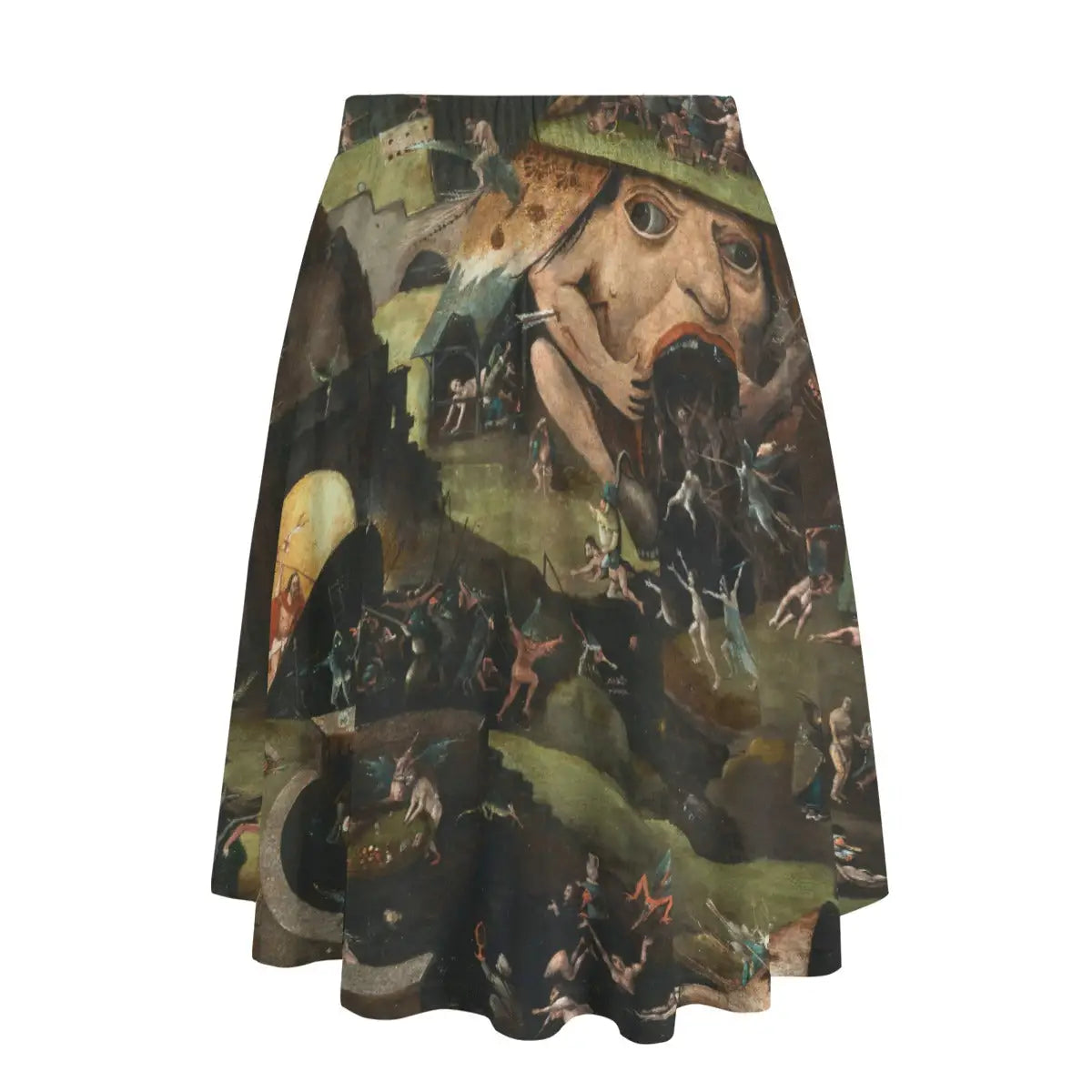Back view of medieval fantasy-inspired maxi skirt showing how the otherworldly scene wraps eerily around the garment