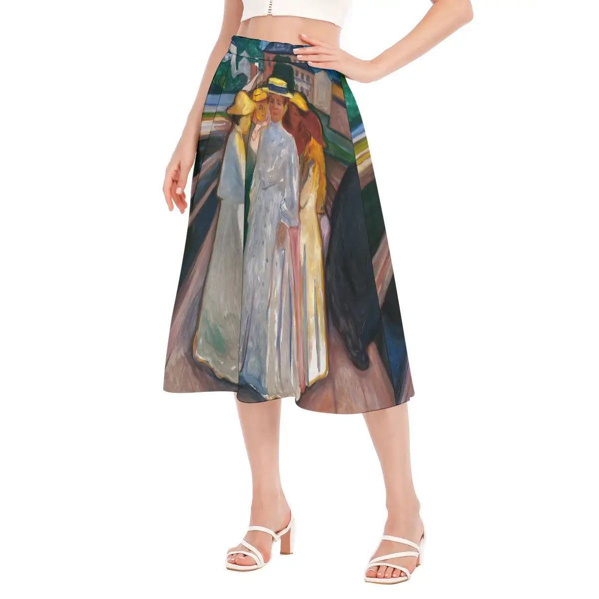 The Ladies on the Bridge Skirt styled with silver Scandinavian-inspired jewelry and simple white top for elegant gallery exhibition opening event