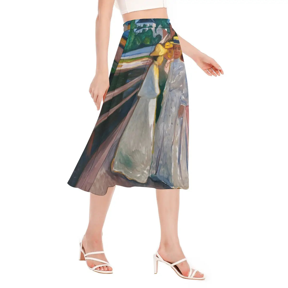 Close-up of The Ladies on the Bridge fabric showing intricate details of the vibrant dresses and serene water reflection