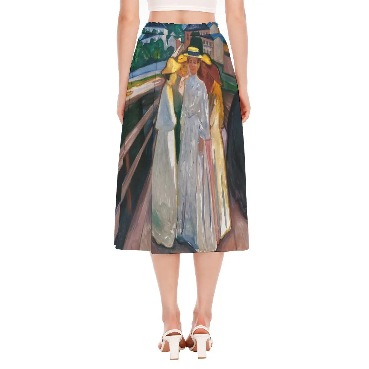 Back view of Edvard Munch Skirt displaying continuous wrap-around pattern that captures the entire Norwegian summer night scene