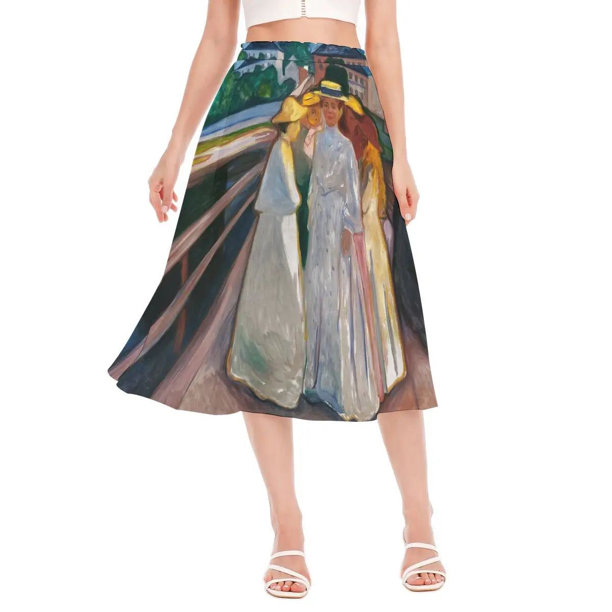 The Ladies on the Bridge by Edvard Munch Chiffon Skirt front view showing the three women on the pier against a twilight Norwegian landscape