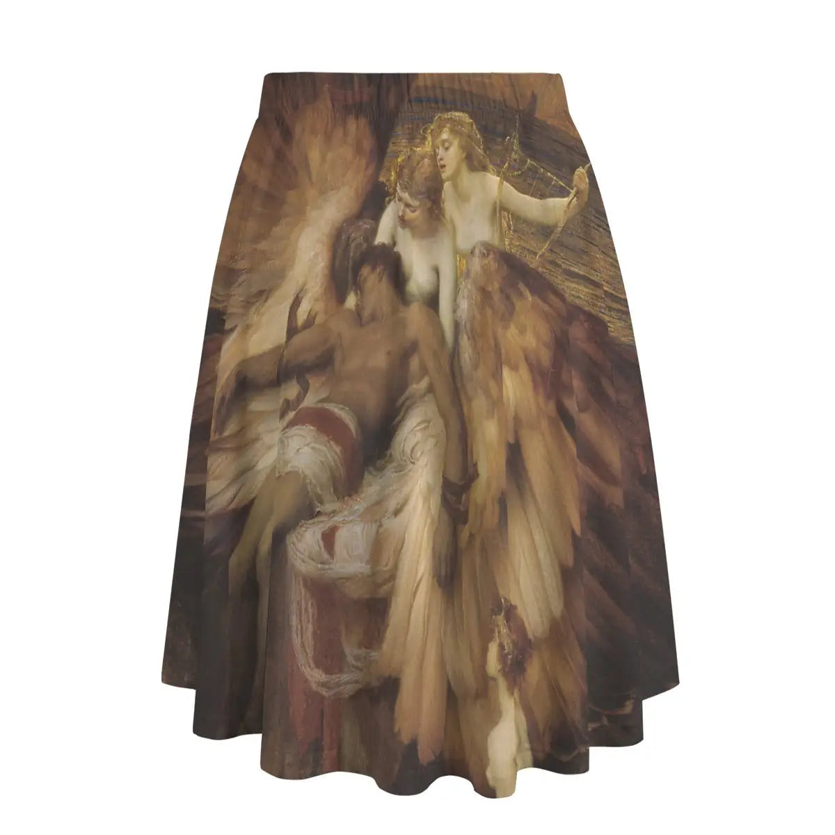 Back view of classical tragedy-inspired maxi skirt showing how the emotional scene wraps elegantly around the garment