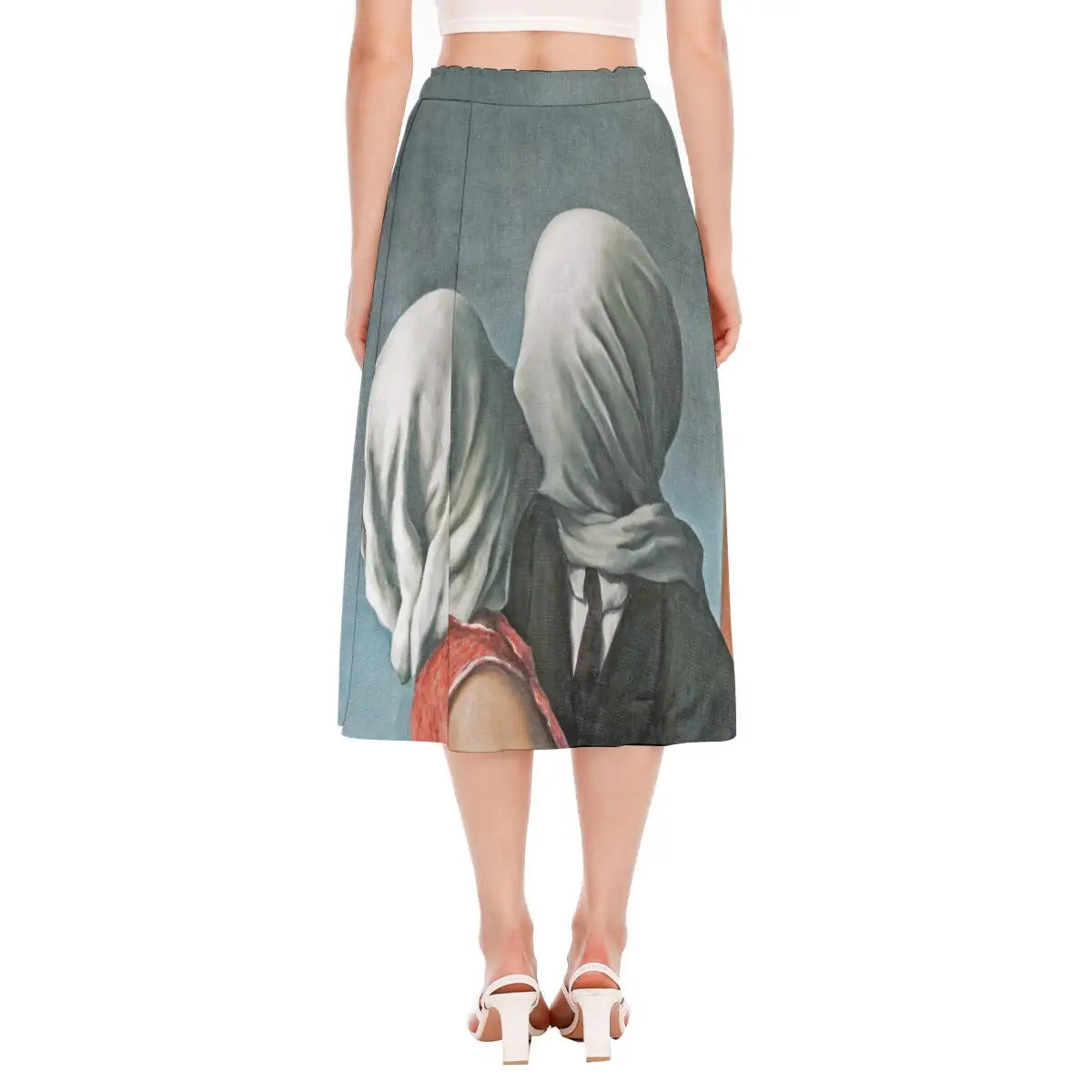 Back view of eco-conscious artistic skirt featuring Magritte's thought-provoking painting showing how the design wraps around the garment creating a continuous meditation on intimacy and isolation.